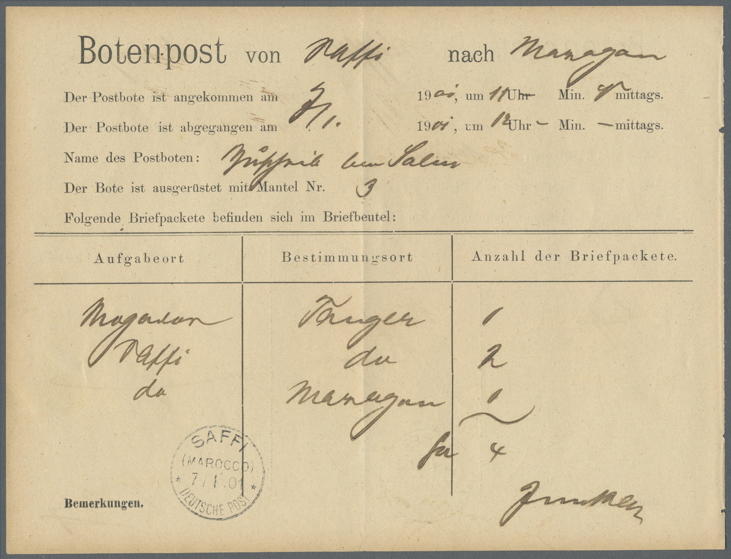 Br Deutsche Post In Marokko - Besonderheiten: 1901 (5.1.), Stempel "SAFFI (MAROKKO) DEUTSCHE POST" Auf - Marokko (kantoren)