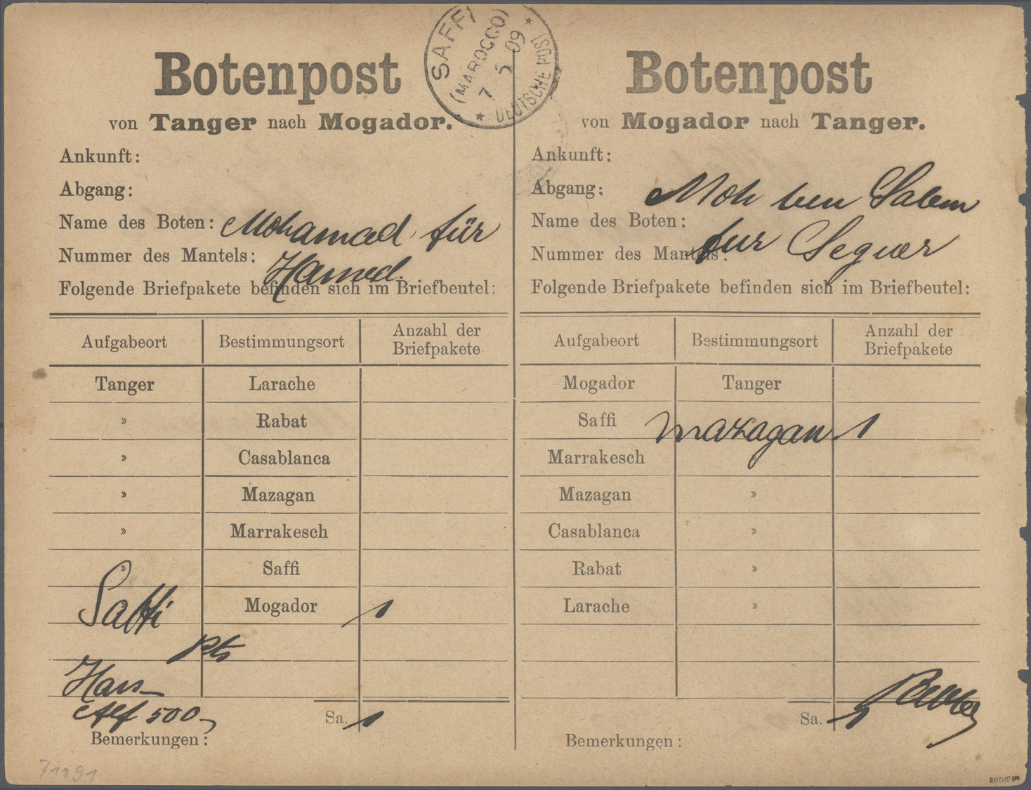 Br Deutsche Post In Marokko - Besonderheiten: 1909 Botenpost-Zettel "Tanger-Mogador", Beide Seiten Am 5 - Marokko (kantoren)