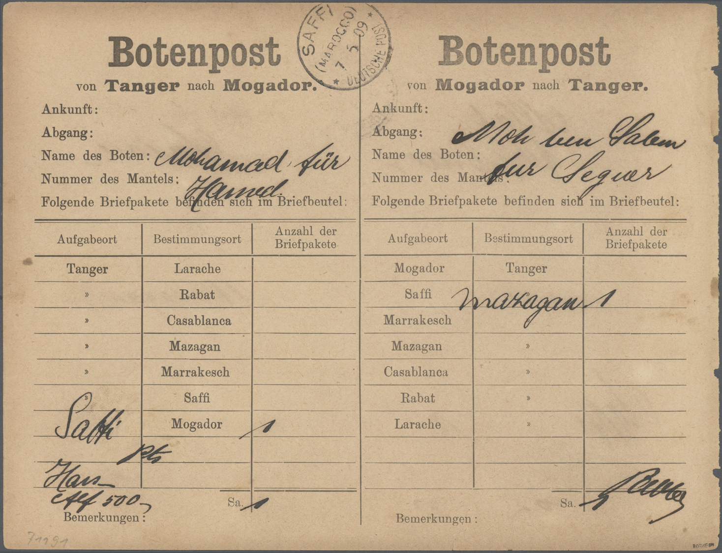 Br Deutsche Post In Marokko - Besonderheiten: 1909 Botenpost-Zettel "Tanger-Mogador", Beide Seiten Am 5 - Maroc (bureaux)