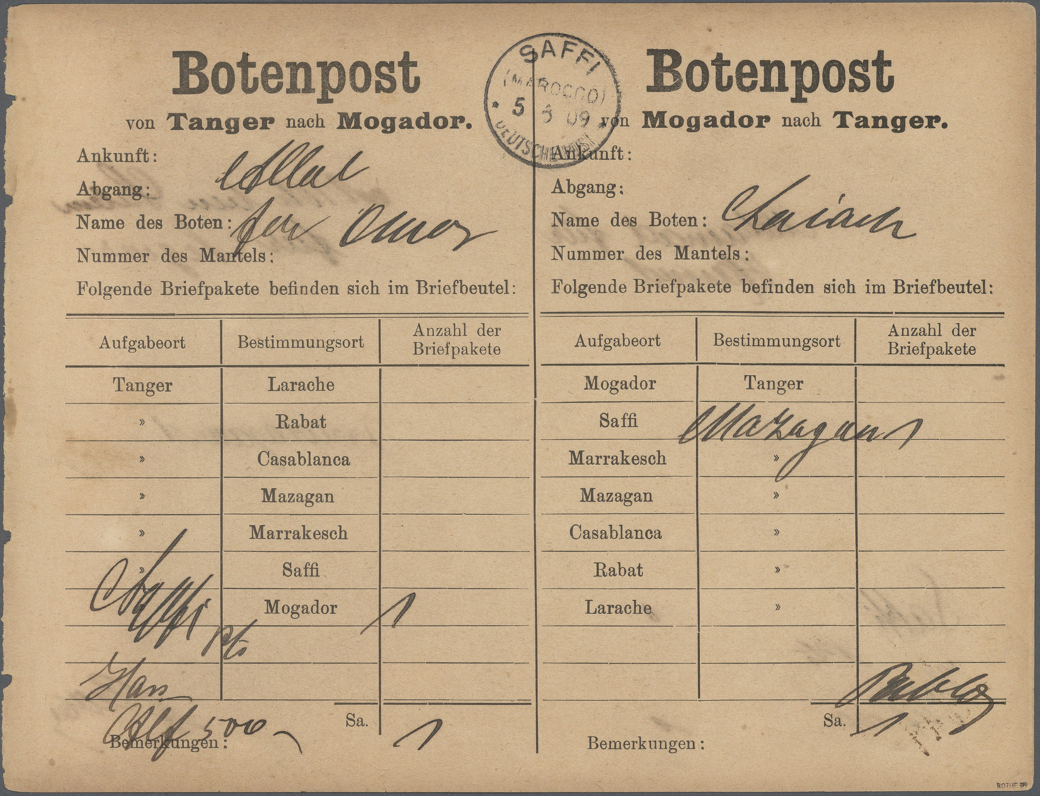 Br Deutsche Post In Marokko - Besonderheiten: 1909 Botenpost-Zettel "Tanger-Mogador", Beide Seiten Am 5 - Maroc (bureaux)