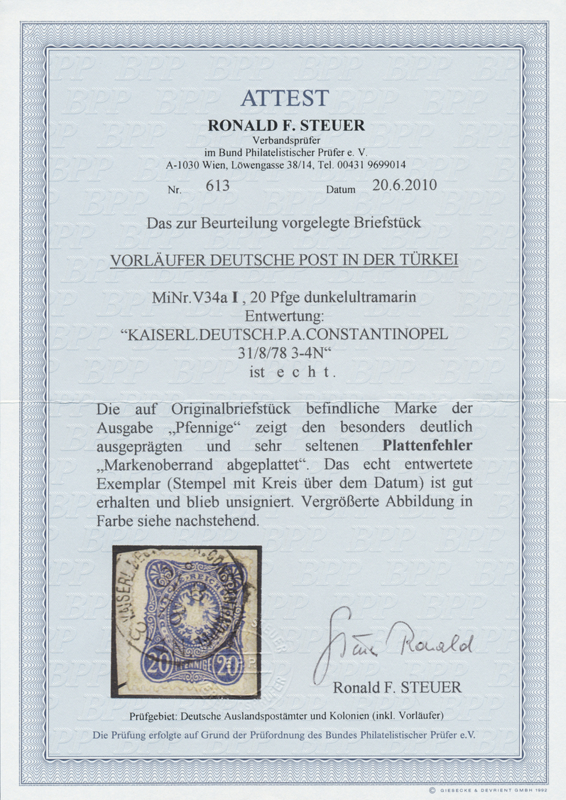 Brfst Deutsche Post In Der Türkei - Vorläufer: 1878, 20 Pfge Dunkelultramarin Auf Prachtbriefstück Mit Deu - Turquie (bureaux)