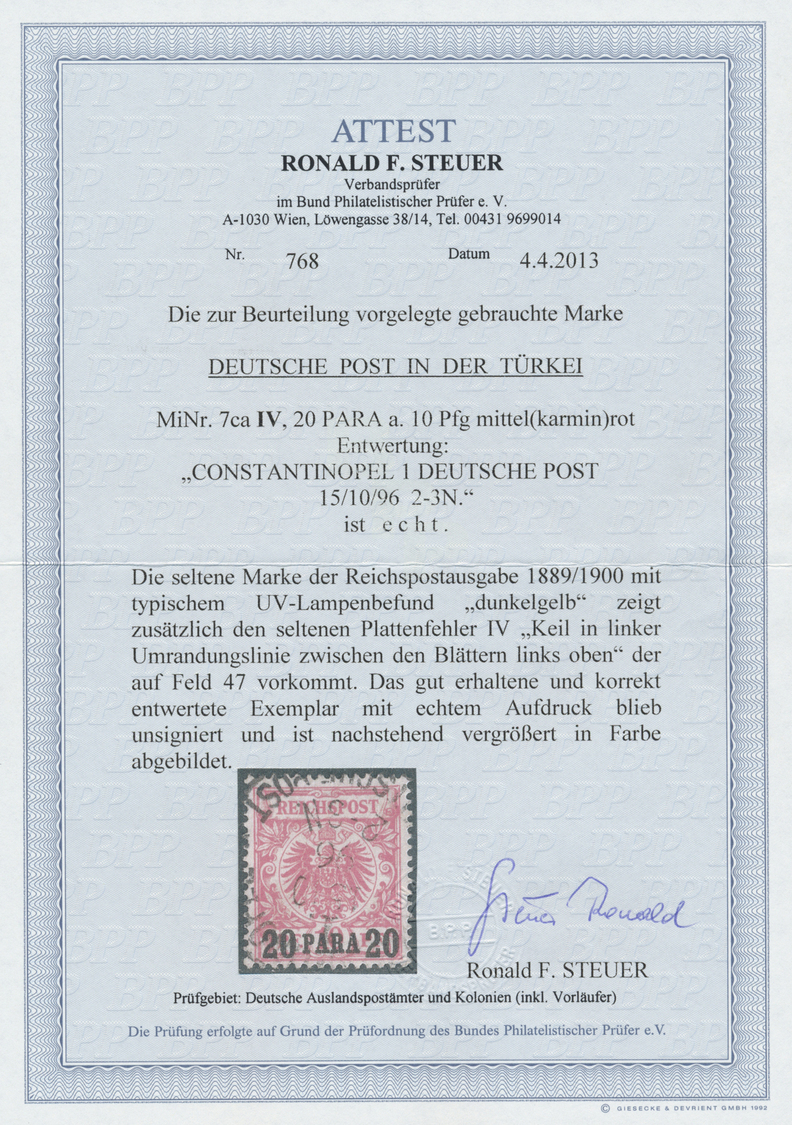 O Deutsche Post In Der Türkei: 1895, "20 PARA 20" Auf 10 Pf Krone/Adler, Mittelkarminrot (dunkelgelb Q - Turquie (bureaux)