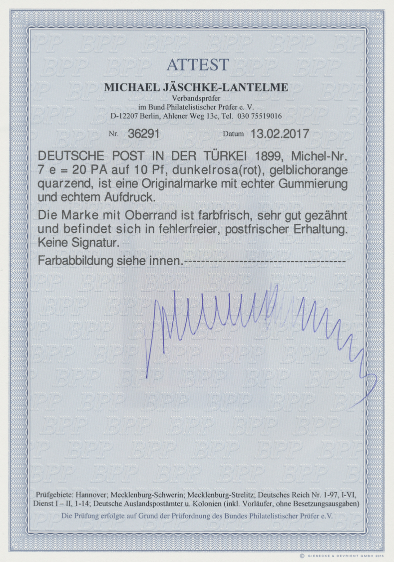 ** Deutsche Post In Der Türkei: 1889, "20 Para 20" Auf 10 Pf. Krone/Adler In Sehr Seltener Farbe E = Du - Turkse Rijk (kantoren)