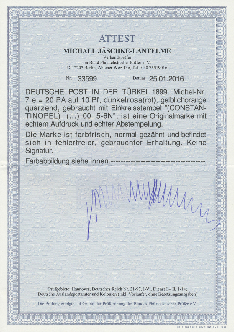 O Deutsche Post In Der Türkei: 1899, 20 Para Auf 10 Pf. Dunkelrosa, Seltenste Farbe, Farbfrisches Kabi - Turkse Rijk (kantoren)