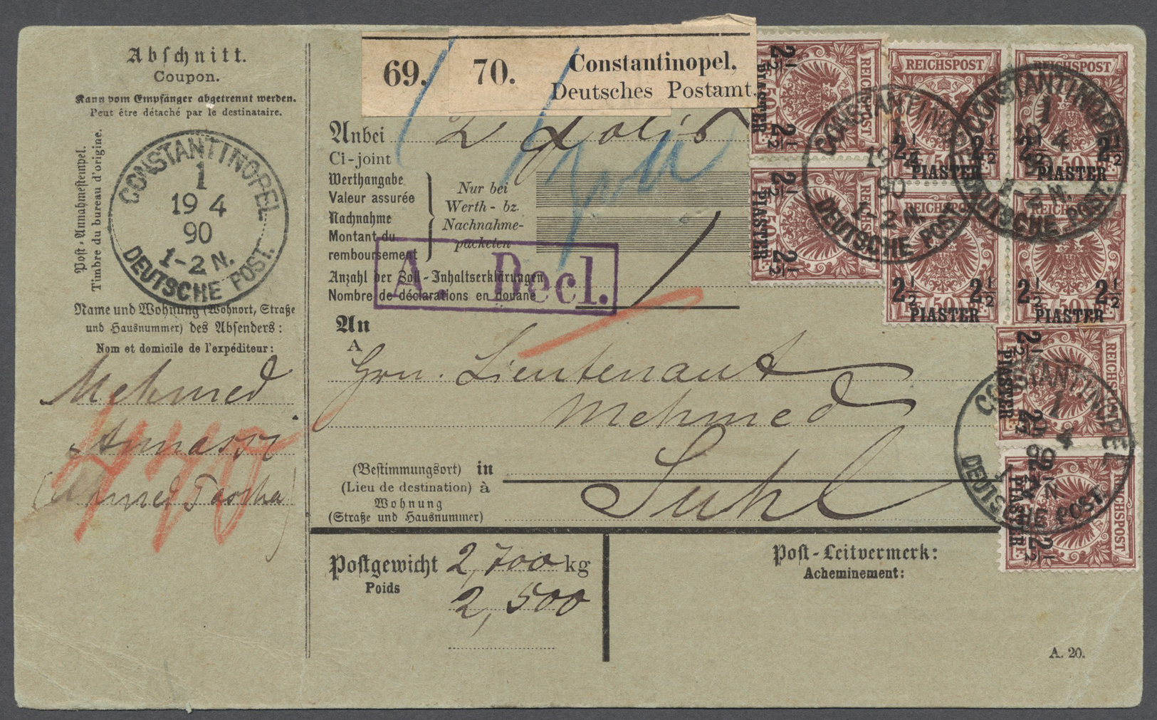 Br Deutsche Post In Der Türkei: 1889: Post-Paketadresse Mit Coupon (Formular A 20), Frankiert Mit 8 X 2 - Turkse Rijk (kantoren)