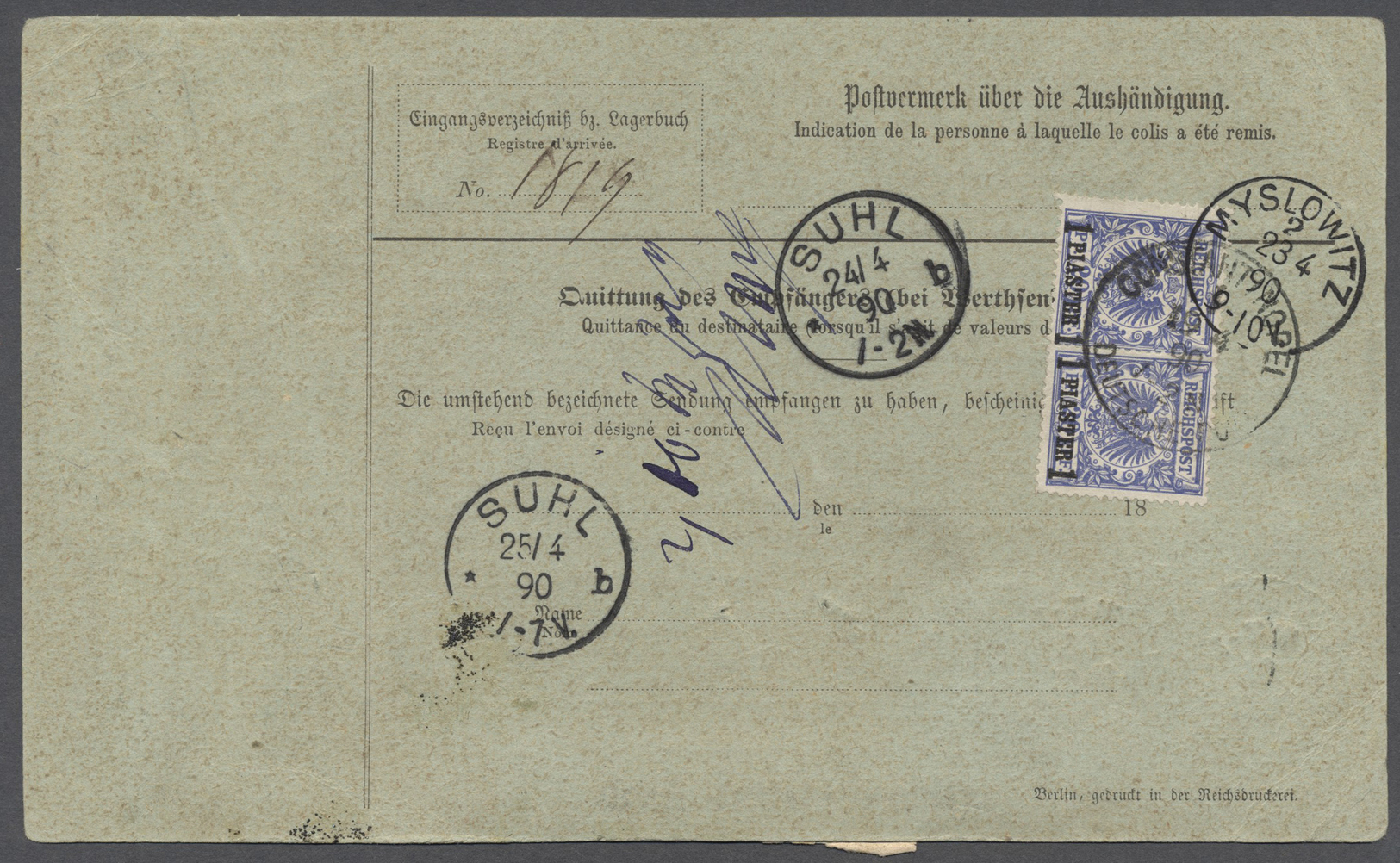 Br Deutsche Post In Der Türkei: 1889: Post-Paketadresse Mit Coupon (Formular A 20), Frankiert Mit 8 X 2 - Turkse Rijk (kantoren)