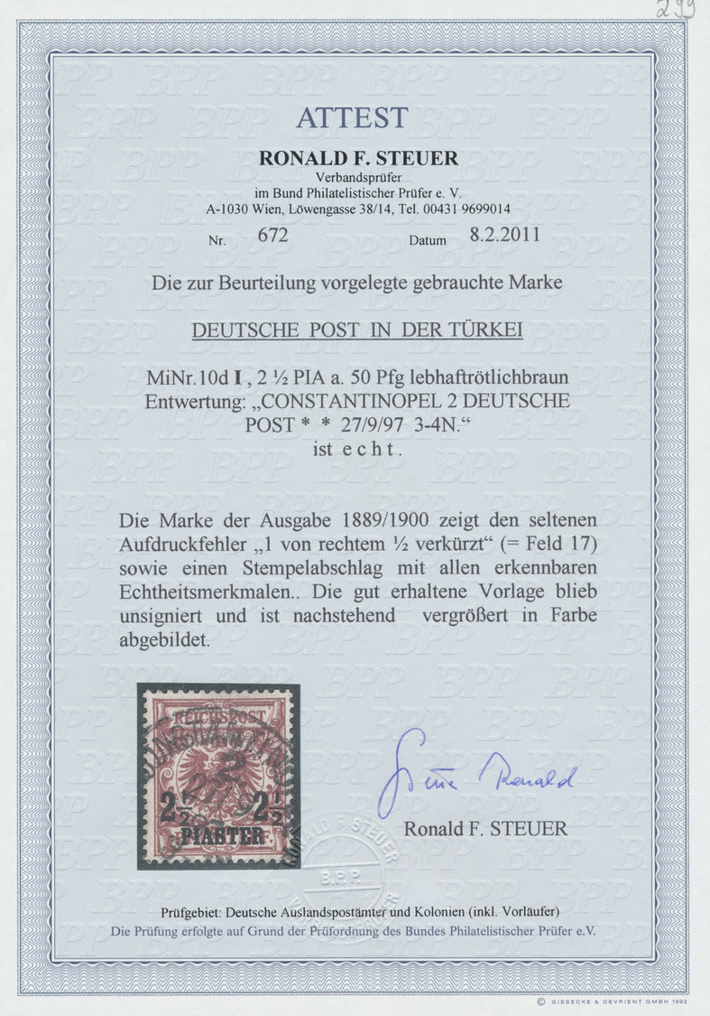 O Deutsche Post In Der Türkei: 1889, 2½ Pia. Auf 50 Pfg. Lebhaftrötlichbraun Mit Aufdruckabart "1 Von - Turkse Rijk (kantoren)