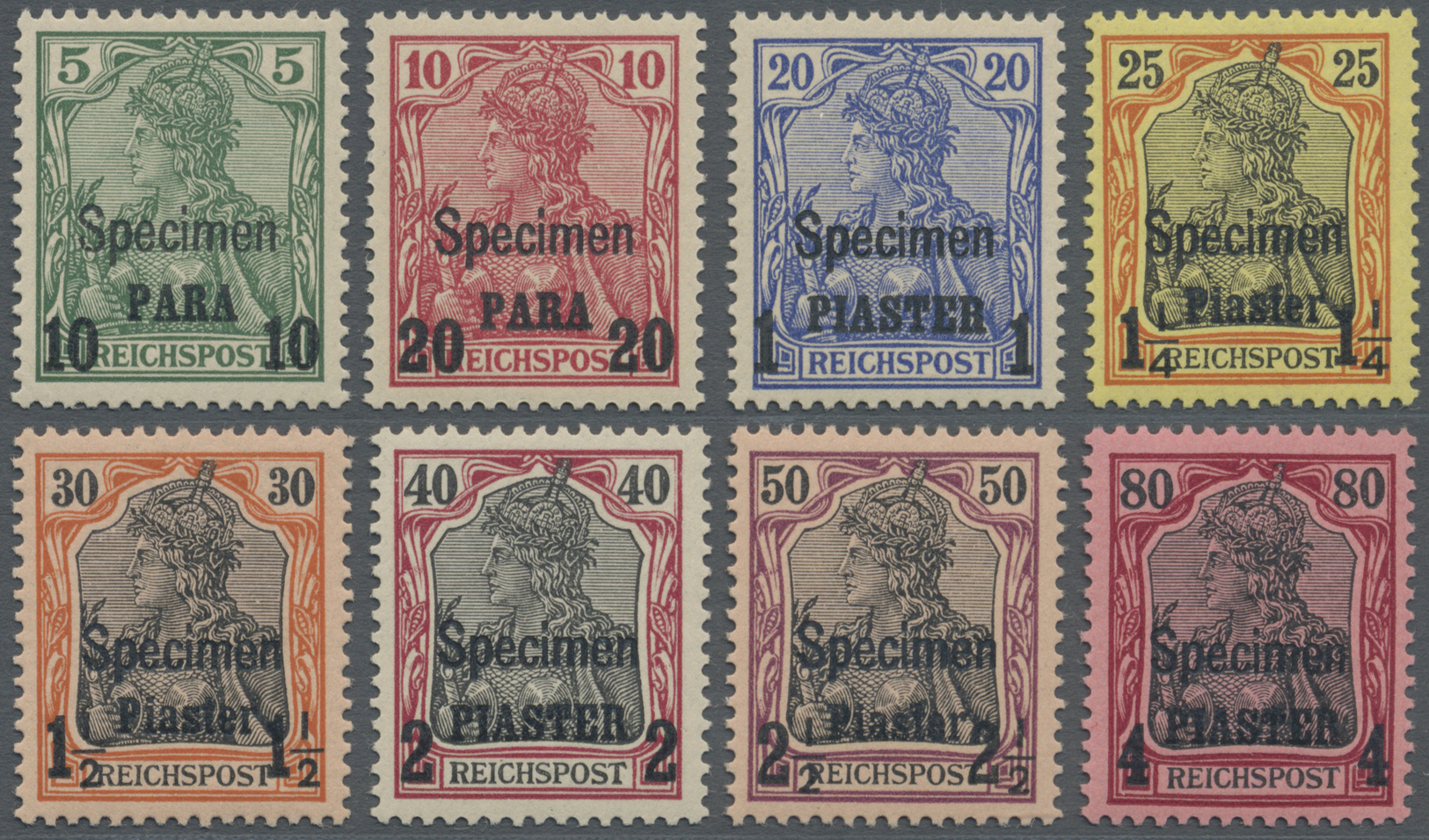 ** Deutsche Post In Der Türkei: 1900, 10 Pa. Bis 4 Pa. Auf Germania Mit Aufdruck "Specimen", Postfrisch - Turkse Rijk (kantoren)