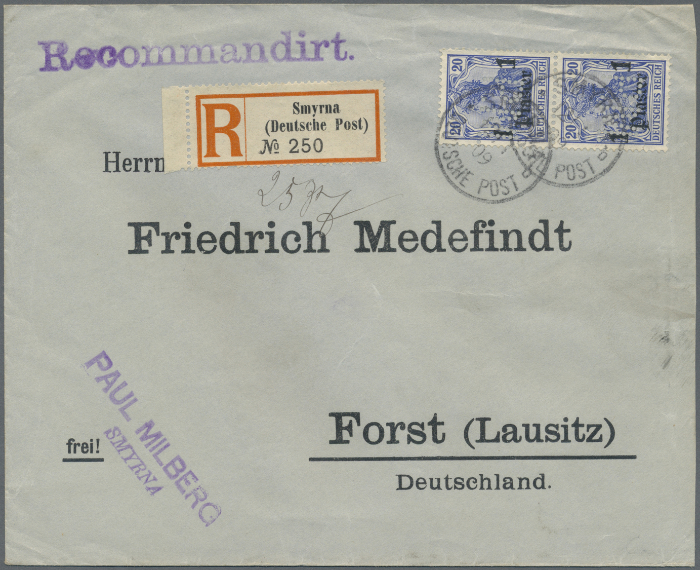 Br Deutsche Post In Der Türkei: 1900, 1 PIA Auf 20 (Pfg), Senkr. Paar Jeweils Mit Lochung P.M. (Paul Mi - Turkse Rijk (kantoren)