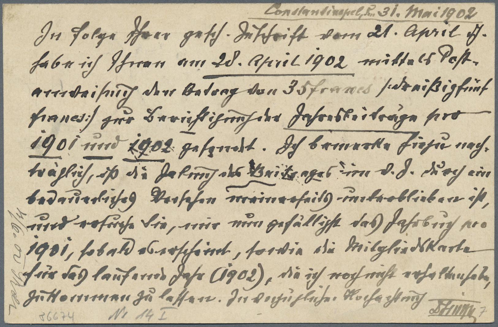 GA Deutsche Post In Der Türkei: 31.5.02 1 Piaster Beifr. A. 20 Para GSK Als Seltene Auslandseinschreibe - Turquie (bureaux)