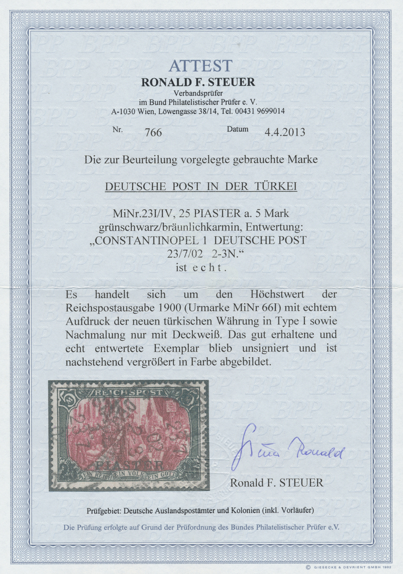 O Deutsche Post In Der Türkei: 1902, 25 P Auf 5 M Reichspost Grünschwarz/bräunlichkarmin Mit Nachmalun - Turkse Rijk (kantoren)