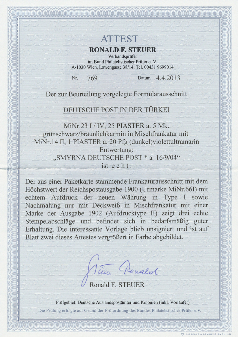 Brfst Deutsche Post In Der Türkei: 1902, 25 P Auf 5 M Reichspost Grünschwarz/bräunlichkarmin Mit Nachmalun - Turkse Rijk (kantoren)