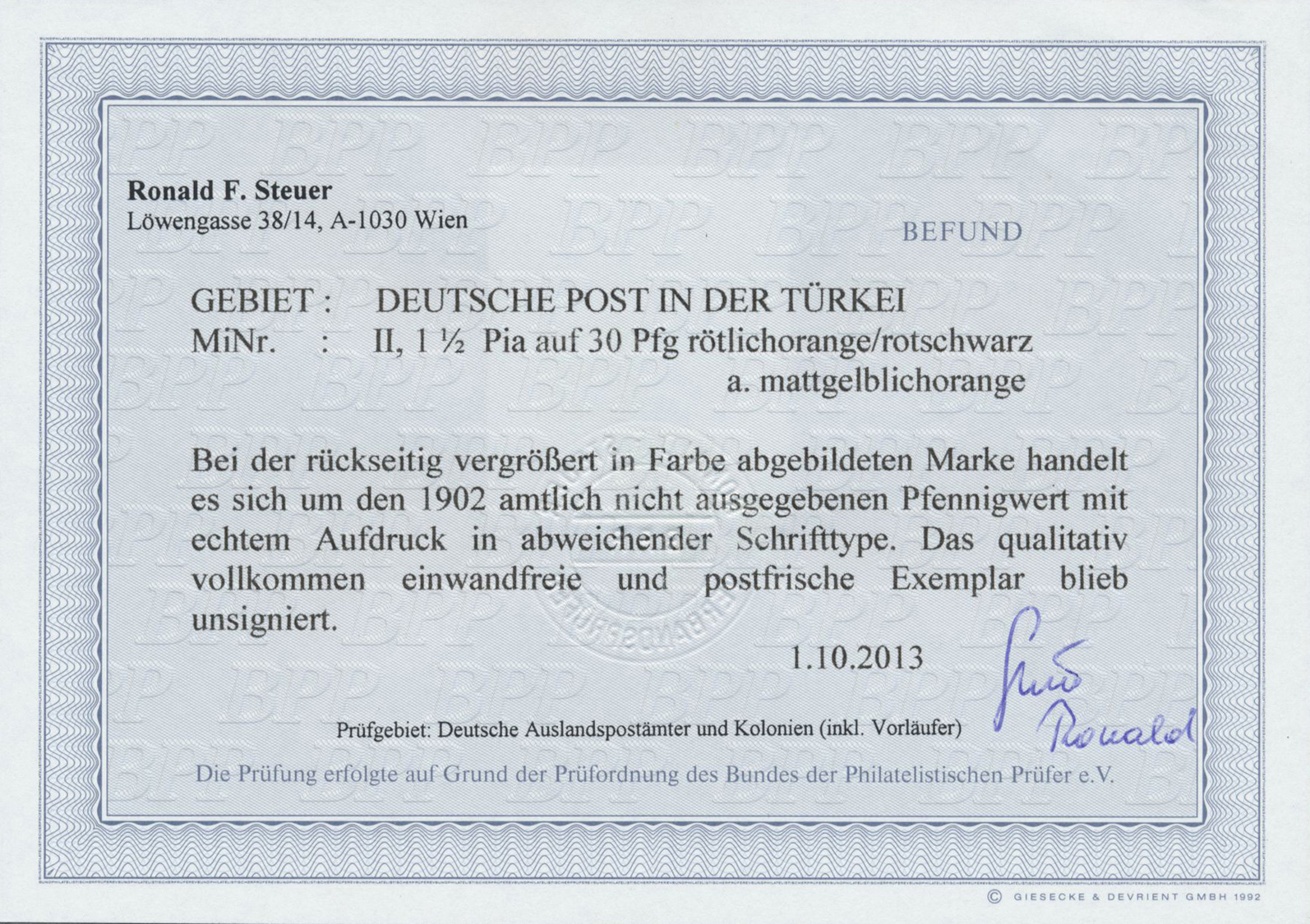 ** Deutsche Post In Der Türkei: 1 1/2 Pia Fetter Aufdruck Unverausgabt, Postfrisches Qualitätsstück, Be - Turkse Rijk (kantoren)