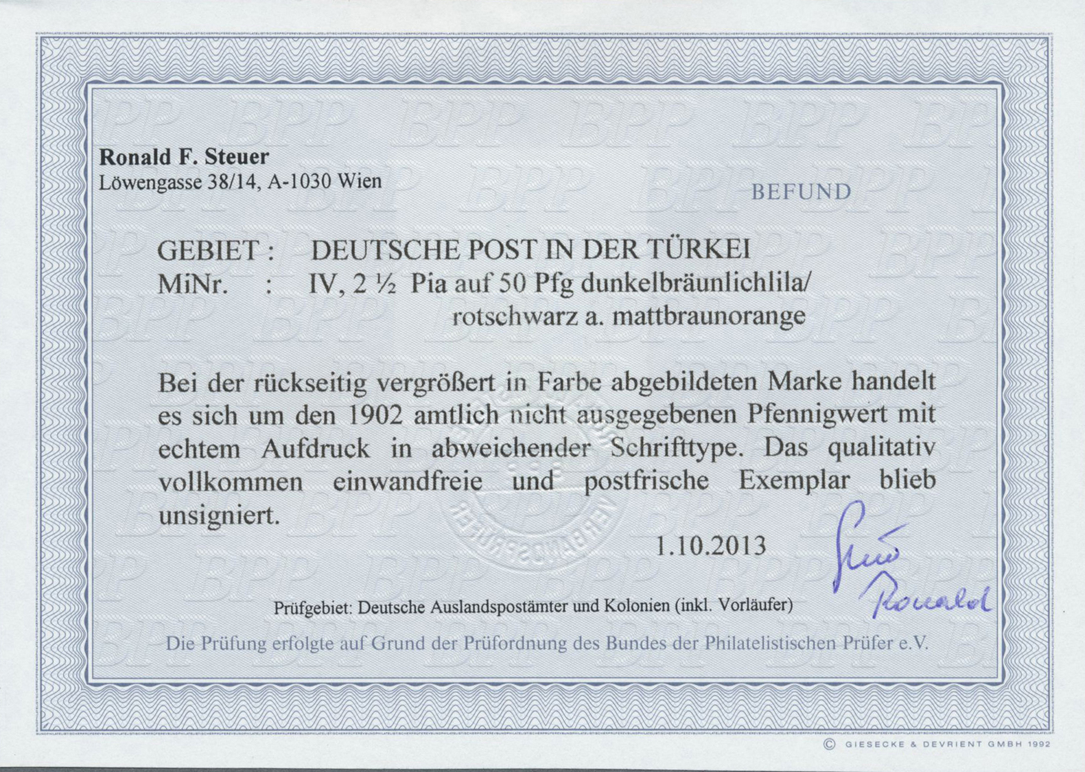 ** Deutsche Post In Der Türkei: 2 1/2 Pia Fetter Aufdruck Unverausgabt, Postfrisches Qualitätsstück, Be - Turkse Rijk (kantoren)
