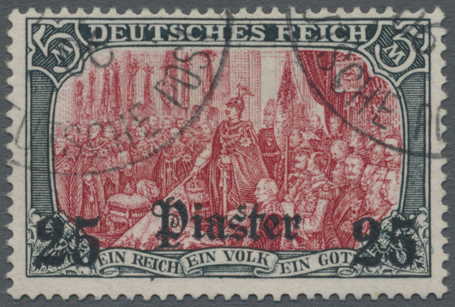 O Deutsche Post In Der Türkei: 1905: 25 Pia. Auf 5 Mark O. WZ. , Gest. "Beirut 1906",Farbfotoattest Jä - Turkse Rijk (kantoren)