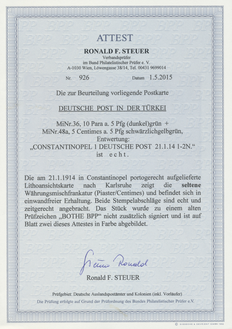 Br Deutsche Post In Der Türkei: 1914: 5 Centimes Auf 5 Pfg Grün Und 10 Para Auf 5 Pfg Grün Als Seltene - Turkse Rijk (kantoren)