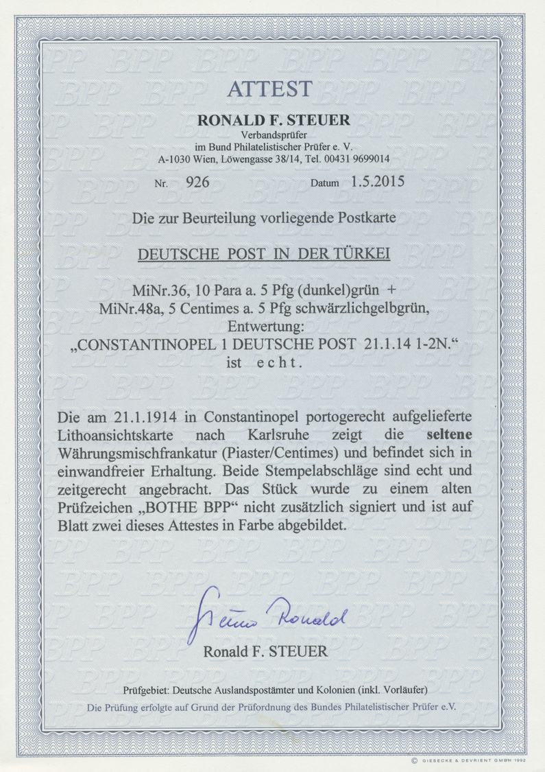 Br Deutsche Post In Der Türkei: 1914: 5 Centimes Auf 5 Pfg Grün Und 10 Para Auf 5 Pfg Grün Als Seltene - Turquie (bureaux)