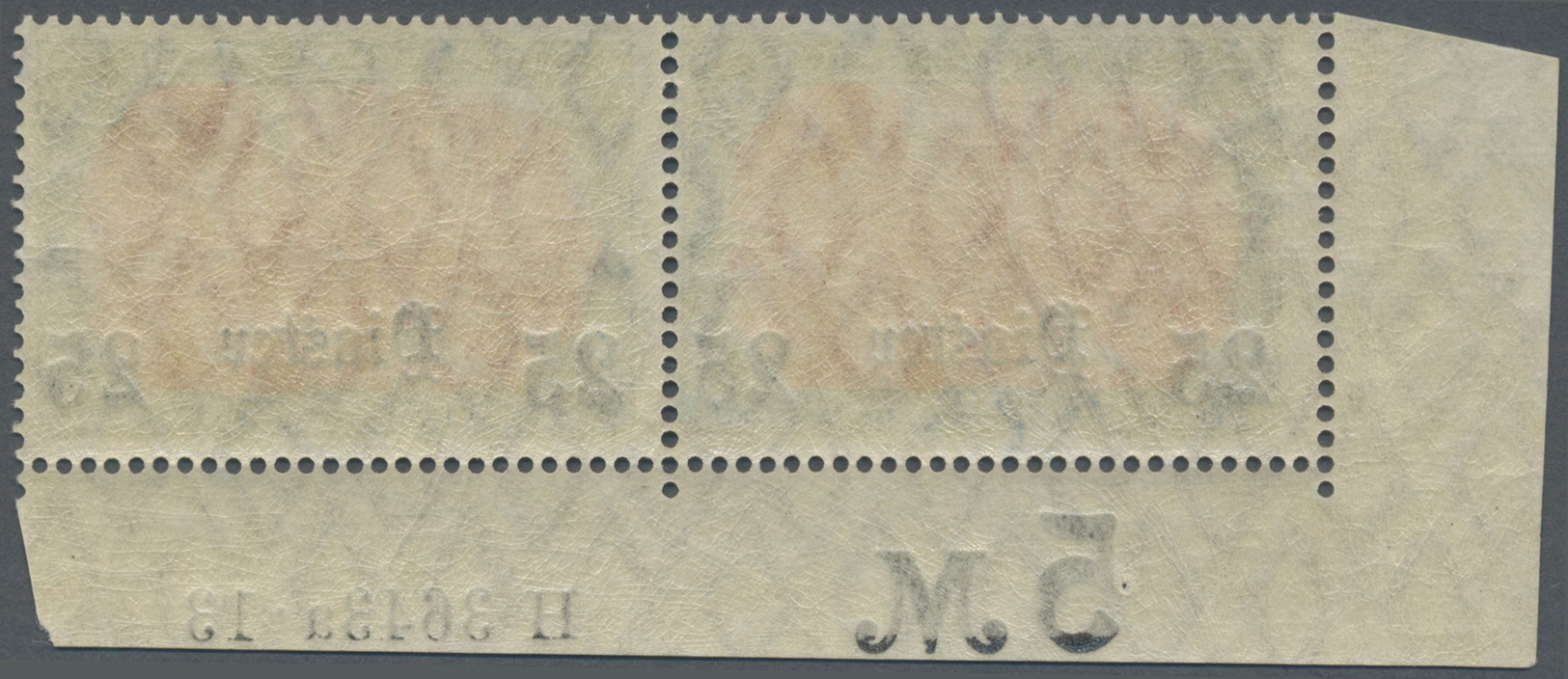 ** Deutsche Post In Der Türkei: 1905, 25 Pia. Auf 5 M. Mit Wasserzeichen, Waagerechtes Paar Aus Der Lin - Turkse Rijk (kantoren)