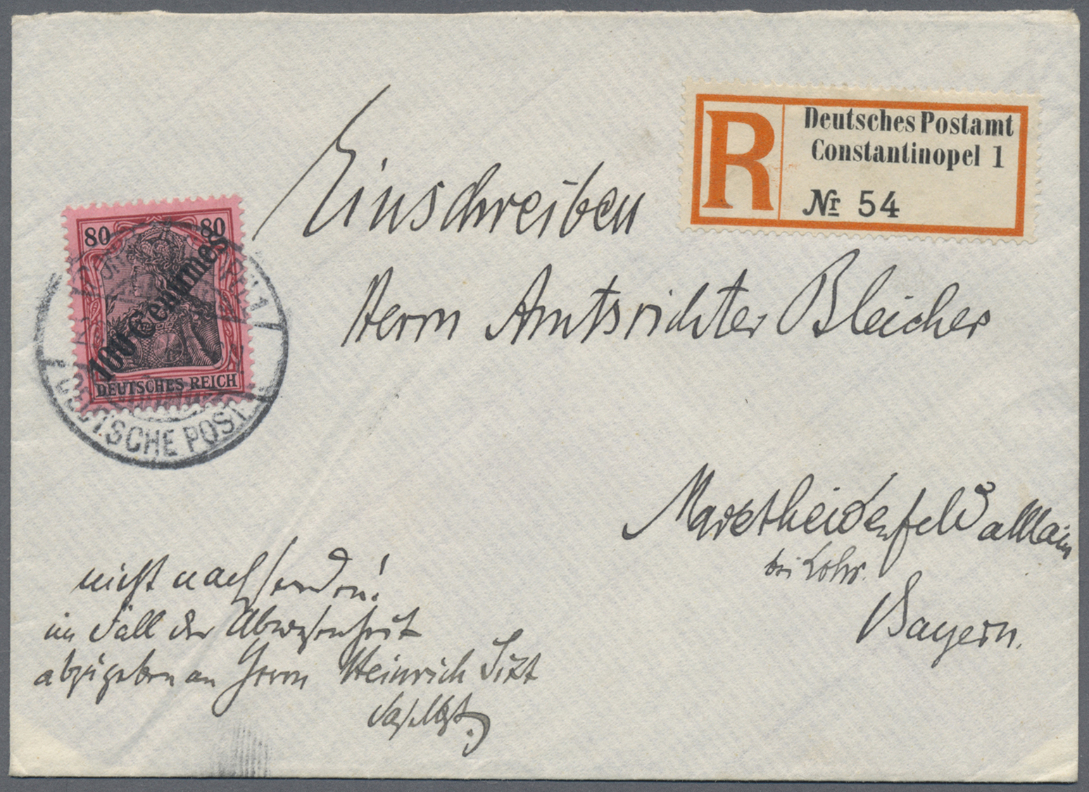 Br Deutsche Post In Der Türkei: 1910: 100 Cent Auf Sauberem R-Brief Nach Deutschland - Turkse Rijk (kantoren)