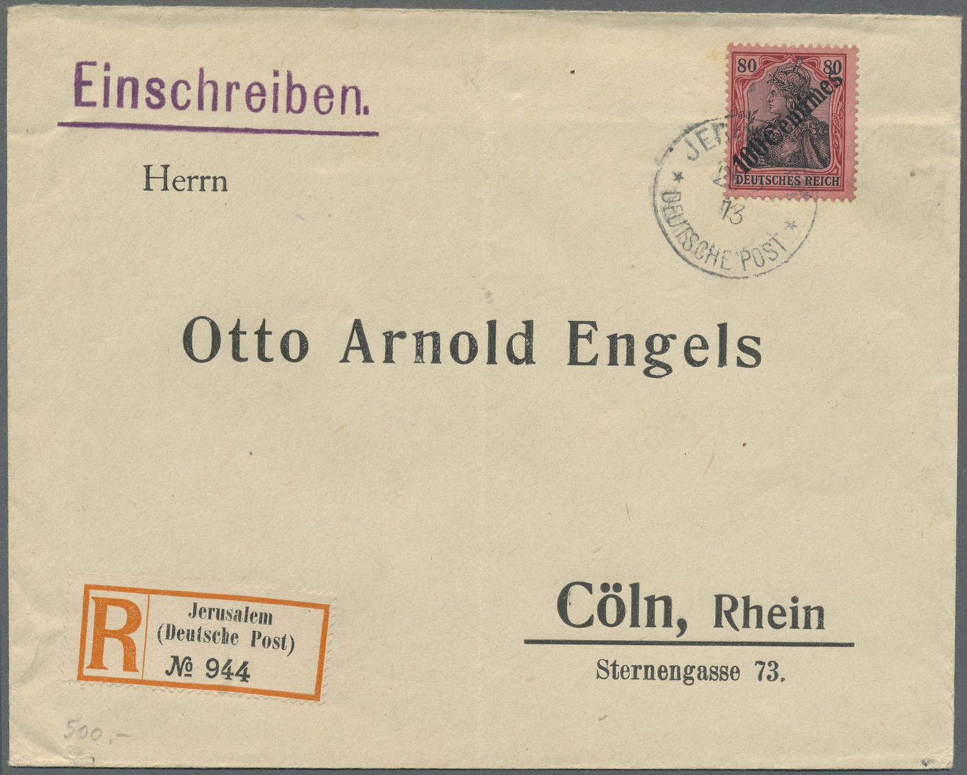 Br Deutsche Post In Der Türkei: 1913, 100 Centimes Auf 80 Pfg. Germania Als EF Auf Einschreiben Ab JERU - Turkse Rijk (kantoren)