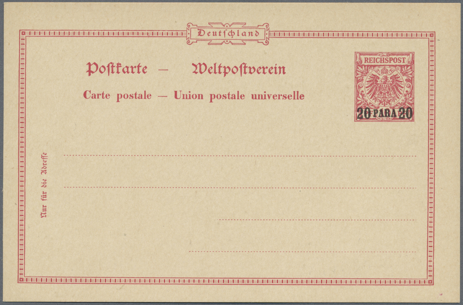 GA Deutsche Post In Der Türkei - Ganzsachen: 1899 GSK 20 Para Aufdruck Auf Seltener GSK 10 Pf Karmin Oh - Turkse Rijk (kantoren)