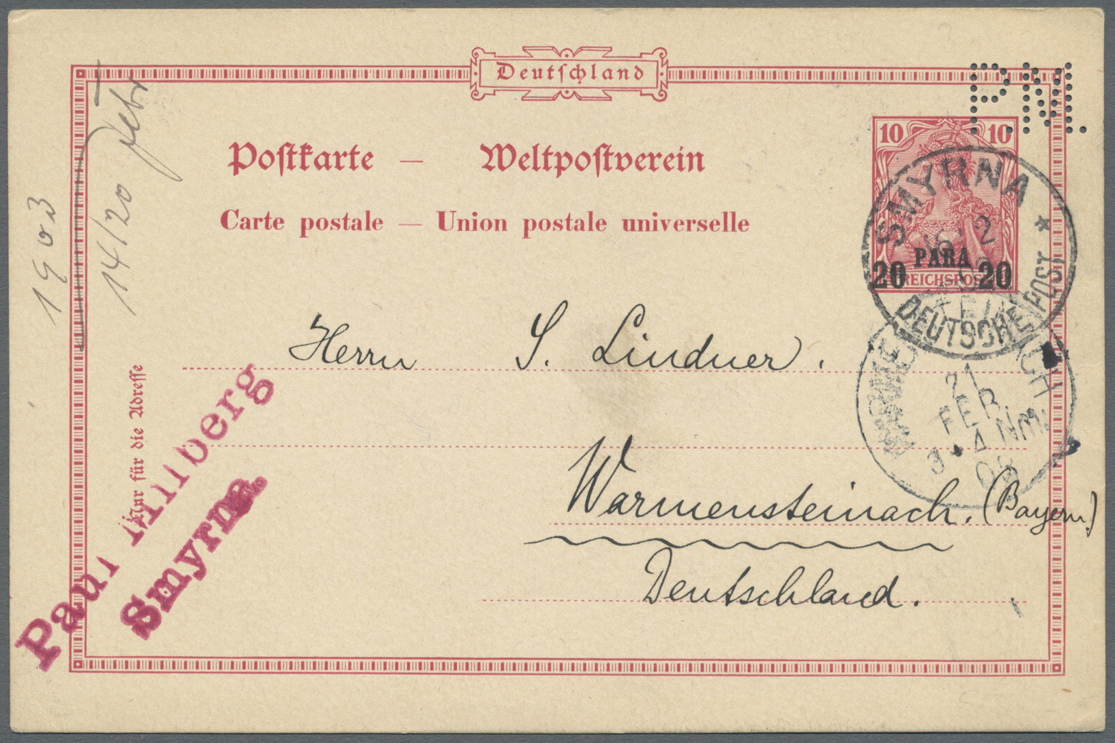 GA Deutsche Post In Der Türkei - Ganzsachen: 1903, Postkarte 20 Para Von Smyrna Nach Warmensteinach (vs - Turkse Rijk (kantoren)