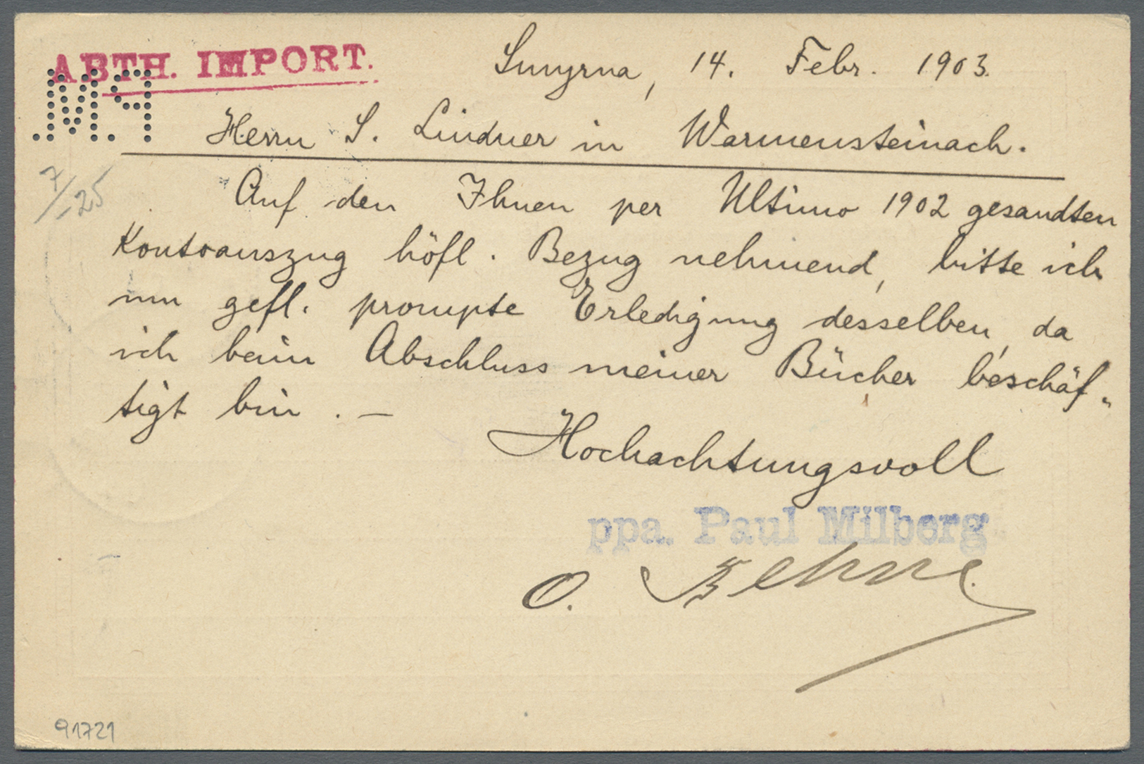 GA Deutsche Post In Der Türkei - Ganzsachen: 1903, Postkarte 20 Para Von Smyrna Nach Warmensteinach (vs - Turkse Rijk (kantoren)