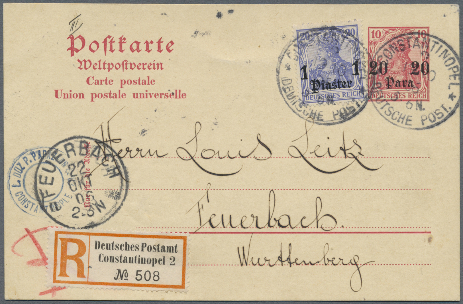 GA Deutsche Post In Der Türkei - Ganzsachen: 1905, 20 Para Auf 10 Pfg. Ganzsachenkarten Mit Portogerech - Turkse Rijk (kantoren)