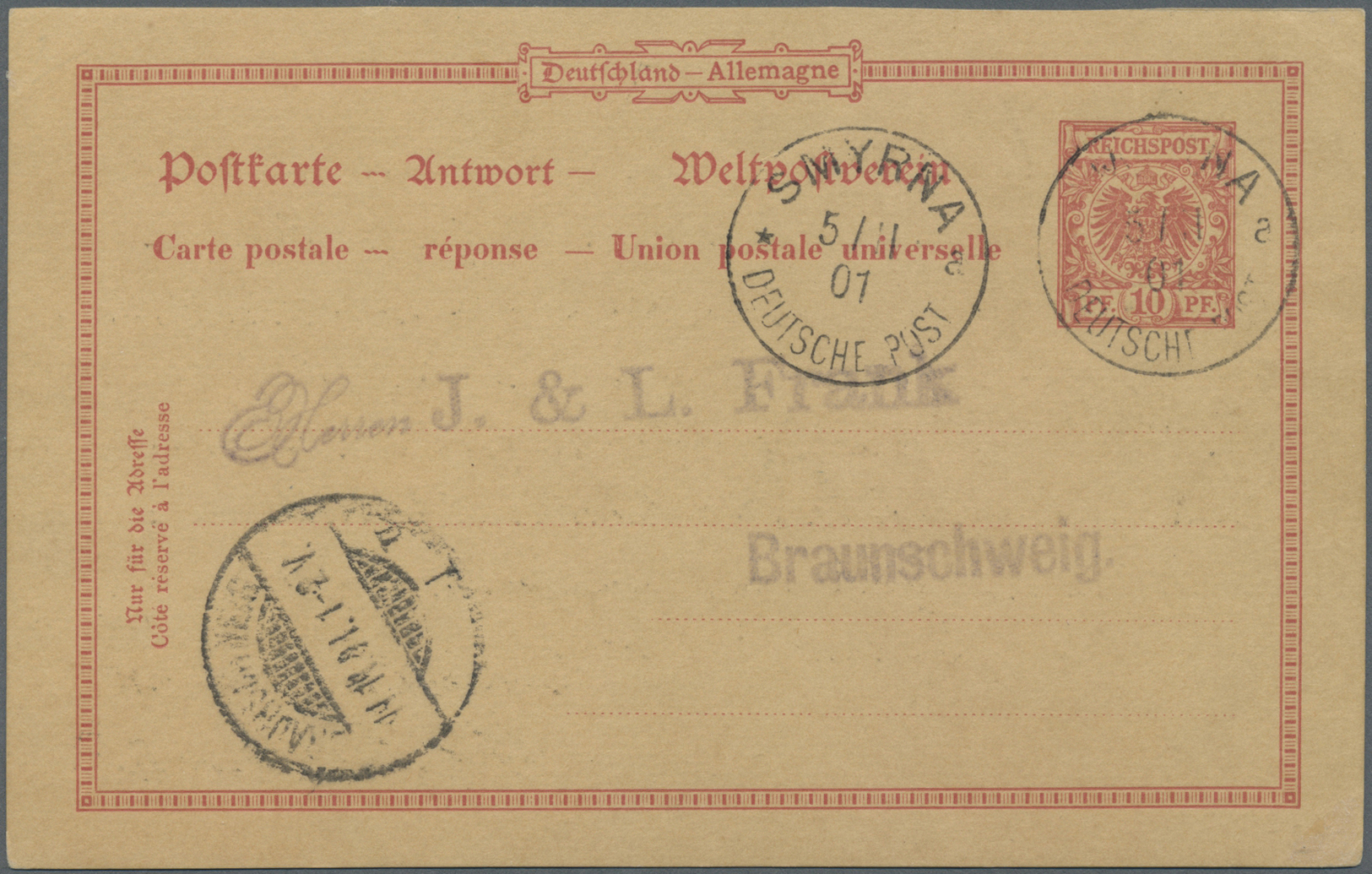 GA Deutsche Post In Der Türkei - Ganzsachen: 1901: 10 Pfg Rot GSK. Einzig Bekannter GS Antwortteil Dies - Turkse Rijk (kantoren)