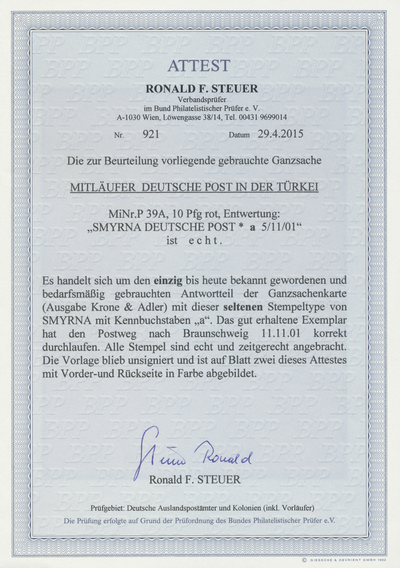 GA Deutsche Post In Der Türkei - Ganzsachen: 1901: 10 Pfg Rot GSK. Einzig Bekannter GS Antwortteil Dies - Turquie (bureaux)