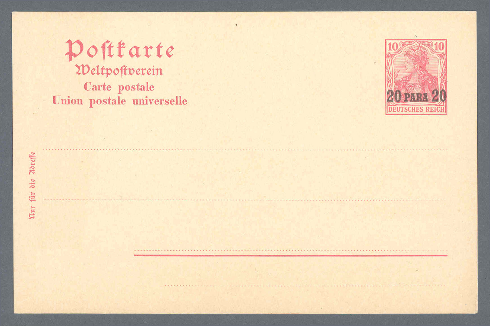 GA Deutsche Post In Der Türkei - Ganzsachen: 1902, Essay Für Doppelkarte 20 Para, Überdruckprobe In Lat - Turkse Rijk (kantoren)