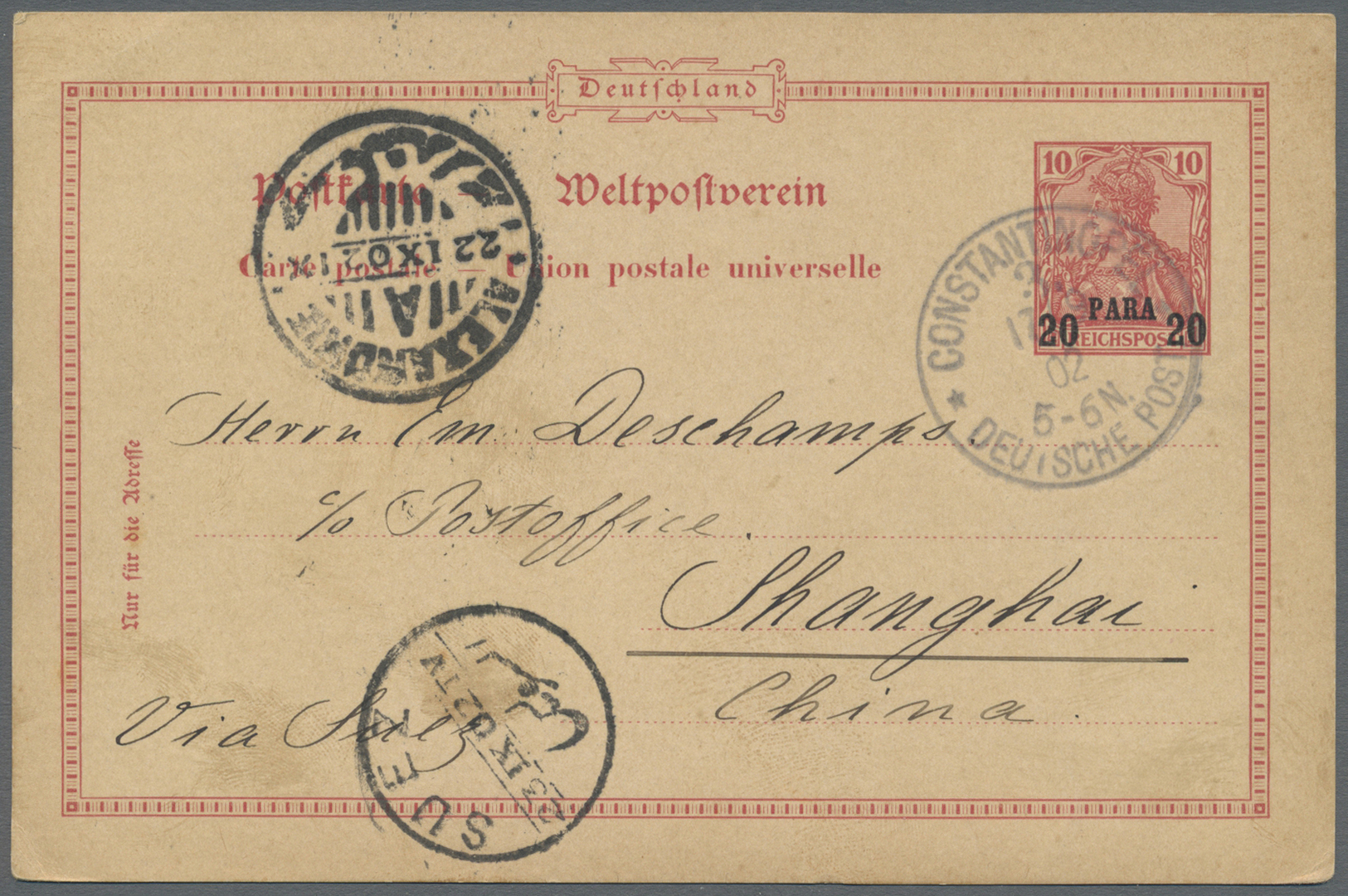 GA Deutsche Post In Der Türkei - Ganzsachen: 1902. Ganzsachenkarte 20 Para Uf 10 Pf. Germania Rot Von « - Turquie (bureaux)