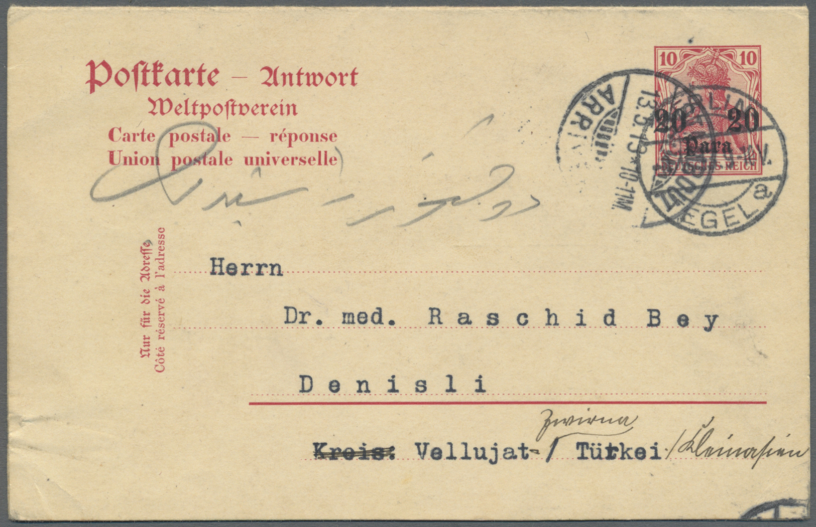GA Deutsche Post In Der Türkei - Ganzsachen: 1913 20 Para Doppel-GSK Am 2.5.13 Von Constantinopel Nach - Turkse Rijk (kantoren)