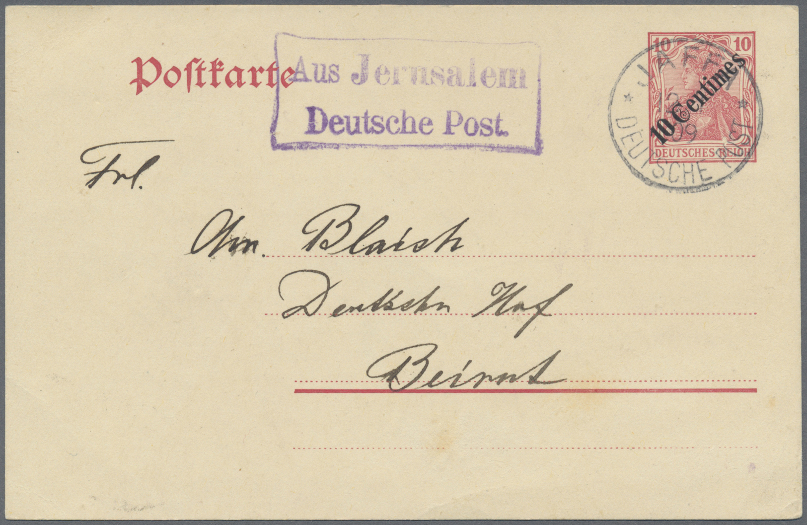 GA Deutsche Post In Der Türkei - Stempel: "Aus Jerusalem/Deutsche Post.", Nebenstempel Vom 12.1.1909 In - Turkse Rijk (kantoren)