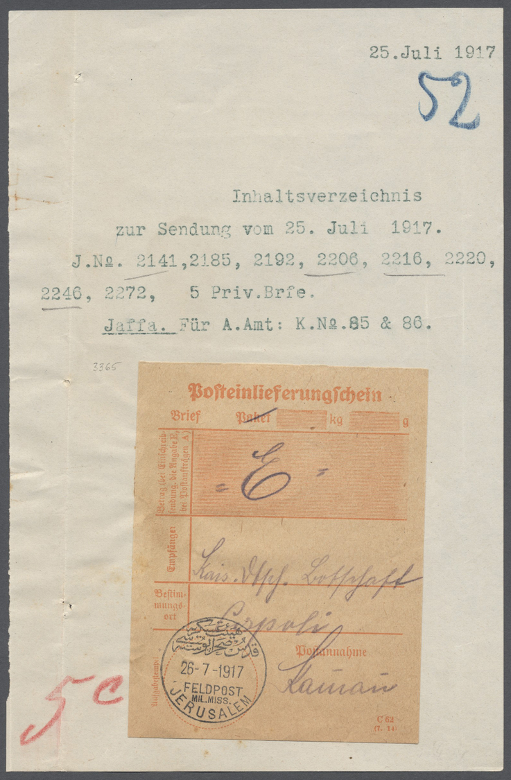 Br Deutsche Post In Der Türkei - Stempel: 1917, &bdquo;MIL.MISS.JERUSALEM 26.7.17&rdquo; Auf Posteinlieferungsschei - Turkse Rijk (kantoren)