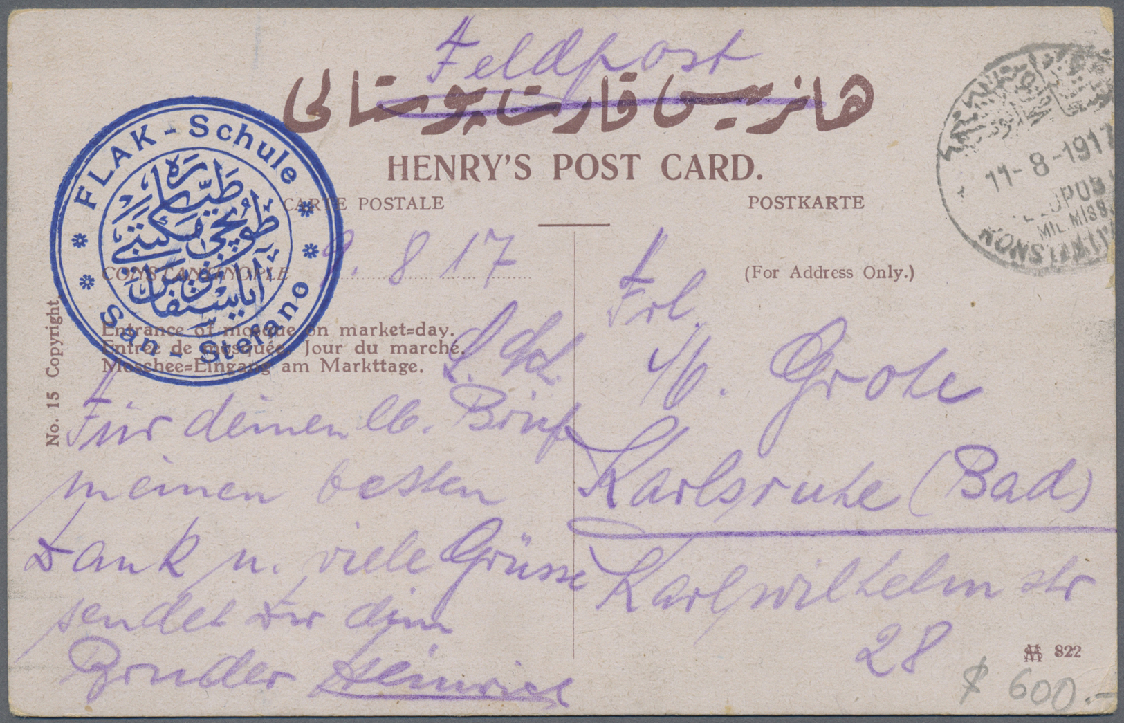 Br Deutsche Post In Der Türkei - Stempel: 1917 (11.8.),  FELDPOST MIL.MISS. KONSTANTINOPEL Auf FP-AK Mi - Turkse Rijk (kantoren)