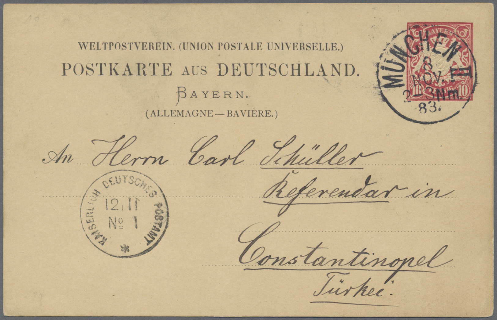 GA Deutsche Post In Der Türkei - Stempel: "KAISERLICH DEUTSCHES POSTAMT No.1" - 12.11. 1883 - Klarer Ab - Turkse Rijk (kantoren)