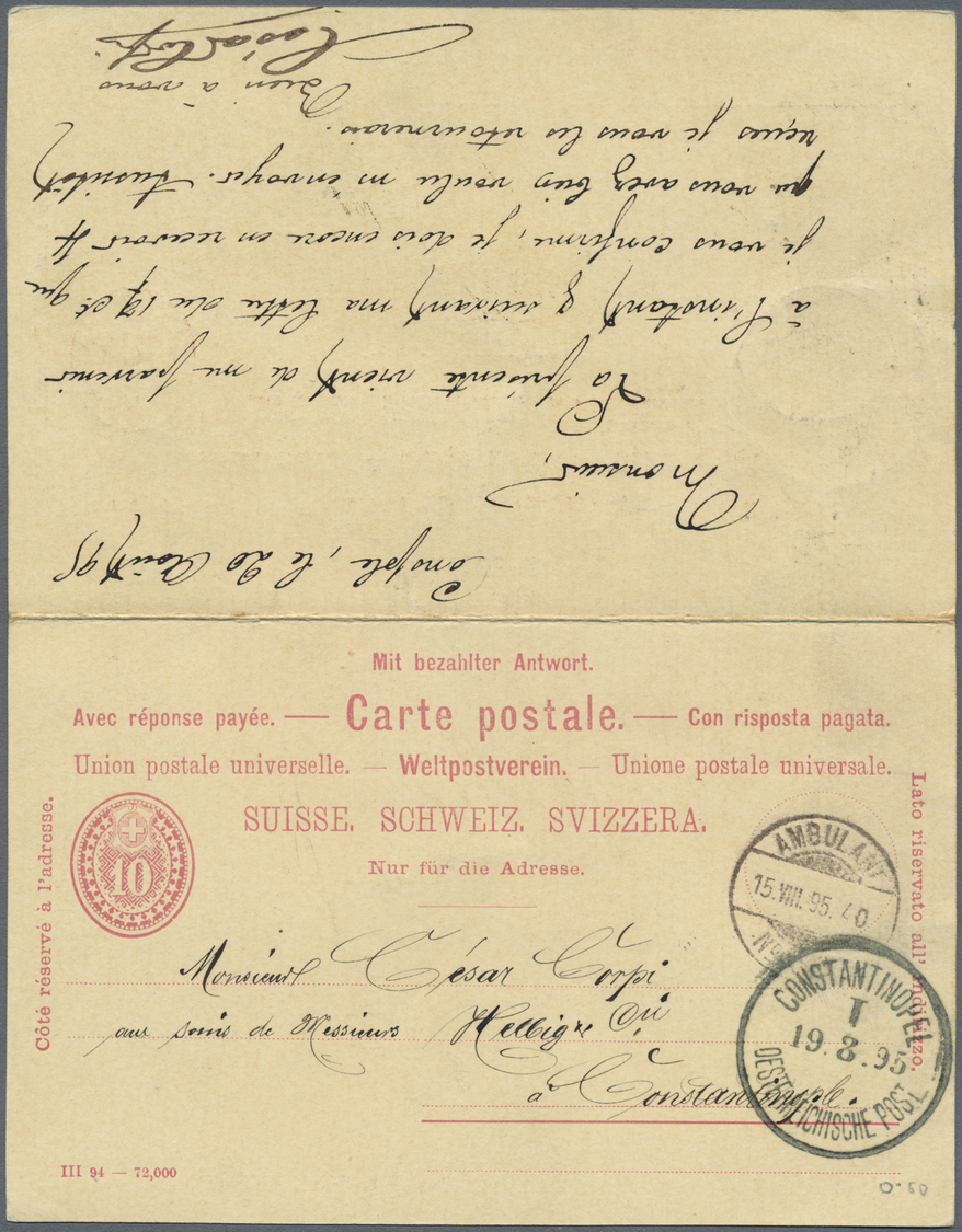 GA Deutsche Post In Der Türkei - Besonderheiten: Incoming Mail: 1895, Schweiz 10 C. Doppel-Ganzsachenka - Turquie (bureaux)