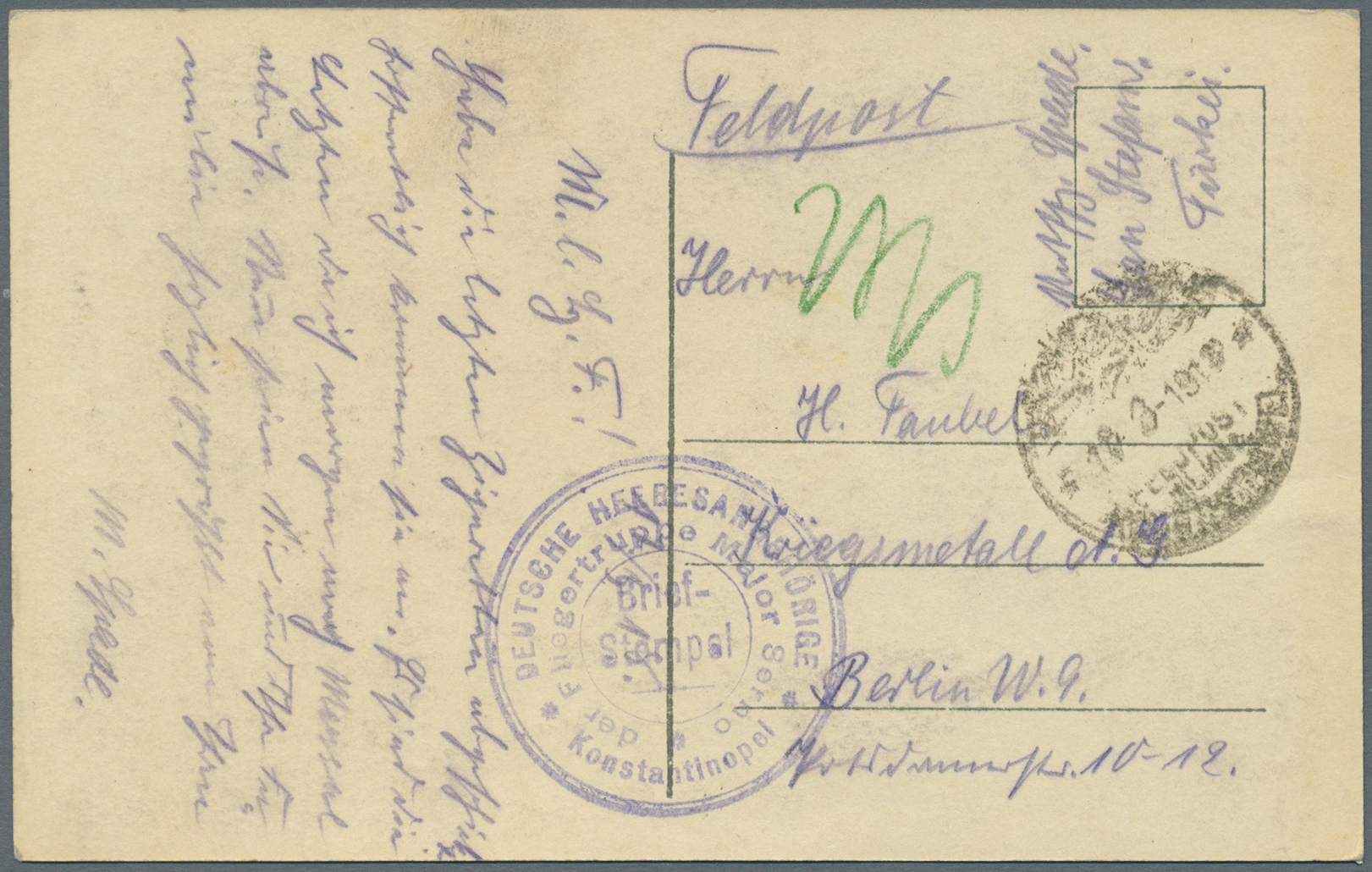 Br Deutsche Post In Der Türkei - Besonderheiten: 1918, MILITÄRMISSION KONSTANTINOPEL, Karte Mit Blauem - Turkse Rijk (kantoren)