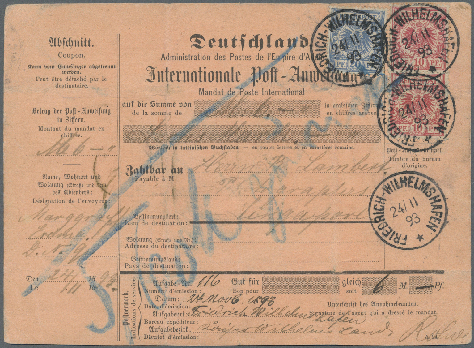 Br Deutsch-Neuguinea - Vorläufer: 1893, 20 Pf Blau Und 10 Pf Rot (senkr. Paar) Krone/Adler Auf "Interna - Duits-Nieuw-Guinea