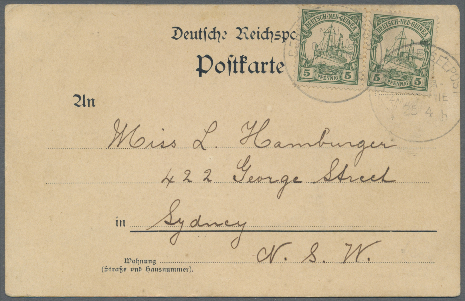 Br Deutsch-Neuguinea: 1906 (25.4.), Stempel "DEUTSCHE SEEPOST NEU-GUINEA-ZWEIGLINIE B" (Dampfer "Prinz - Duits-Nieuw-Guinea