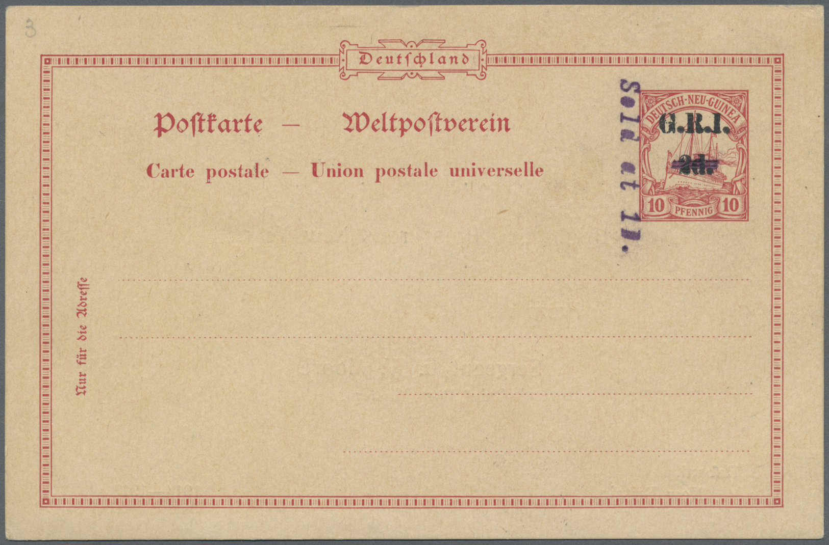 GA Deutsch-Neuguinea - Britische Besetzung: 1914: GA-Postkarte 2 D. Auf 10 Pfg. Rot, Setting B, Mit Zus - Duits-Nieuw-Guinea