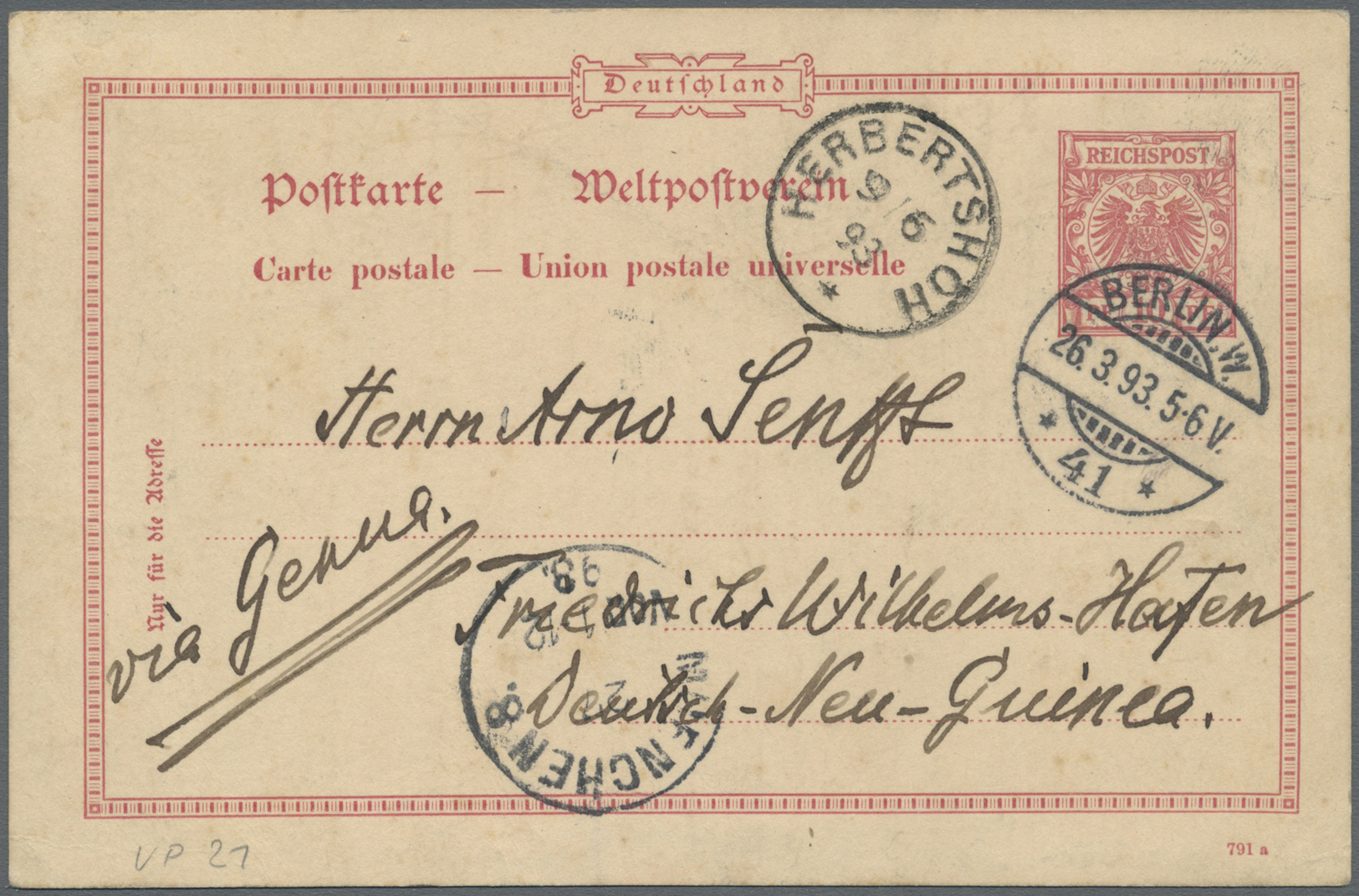 GA Deutsch-Neuguinea - Stempel: 26.03.1893: DR 10Pf GSK (Mi.VP21) Von BERLIN Mit Leitvermerk "via Genua - Nouvelle-Guinée