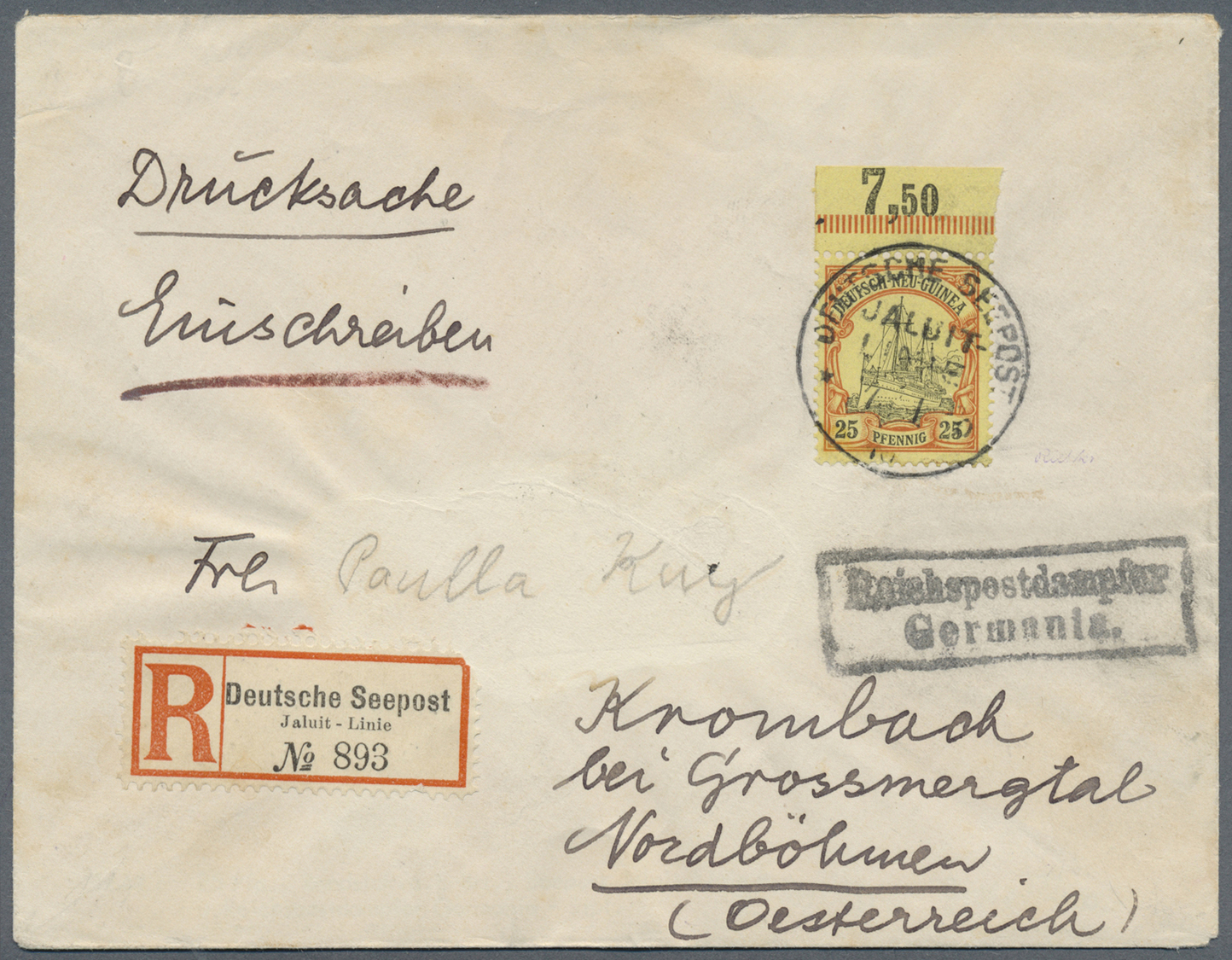 Br Deutsch-Neuguinea - Stempel: "DEUTSCHE SEEPOST JALUIT-LINIE B 7.7." 1920 Auf R-Drucksache (Empfänger - Duits-Nieuw-Guinea