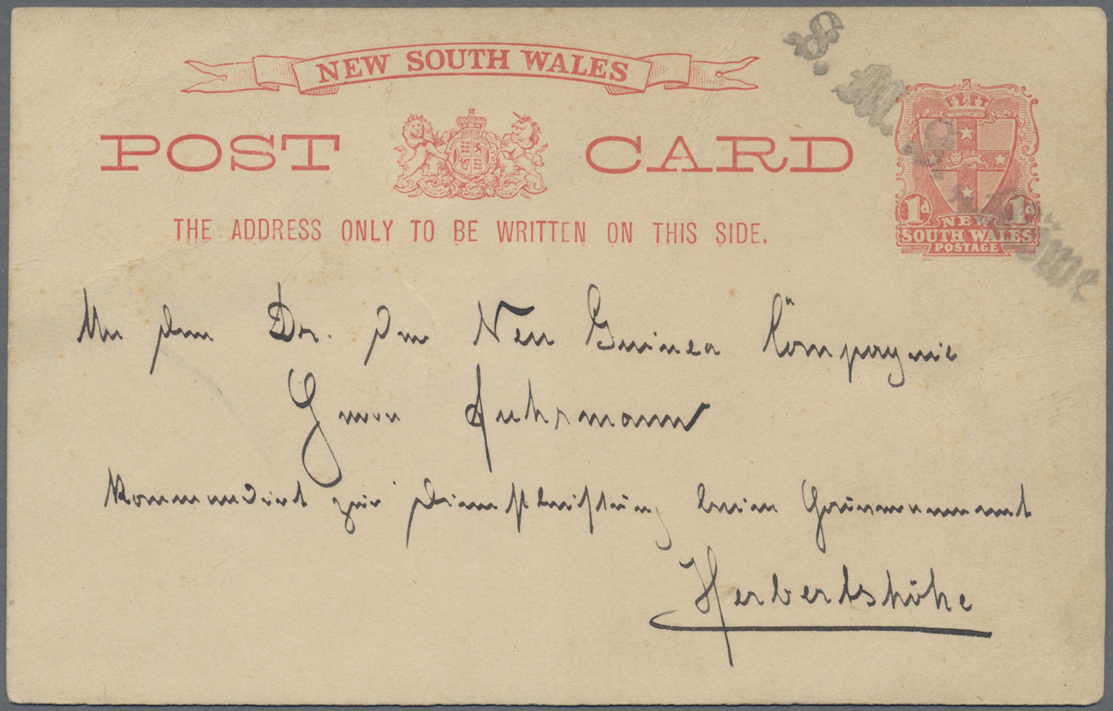 GA Deutsch-Neuguinea - Stempel: 1896. Postkarte 1d New South Wales Entwertet Mit L1 "S.M.S. MÖWE" An Di - Deutsch-Neuguinea