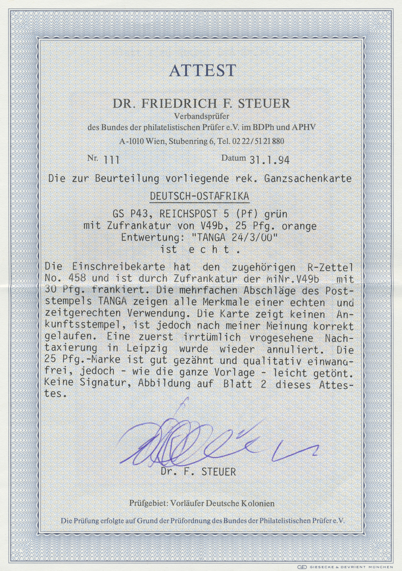 GA Deutsch-Ostafrika - Vorläufer: 1900. Jahrhundert-PK 5 Pf Reichspost Mit Zfr. 25 Pf Krone/Adler Als R - German East Africa