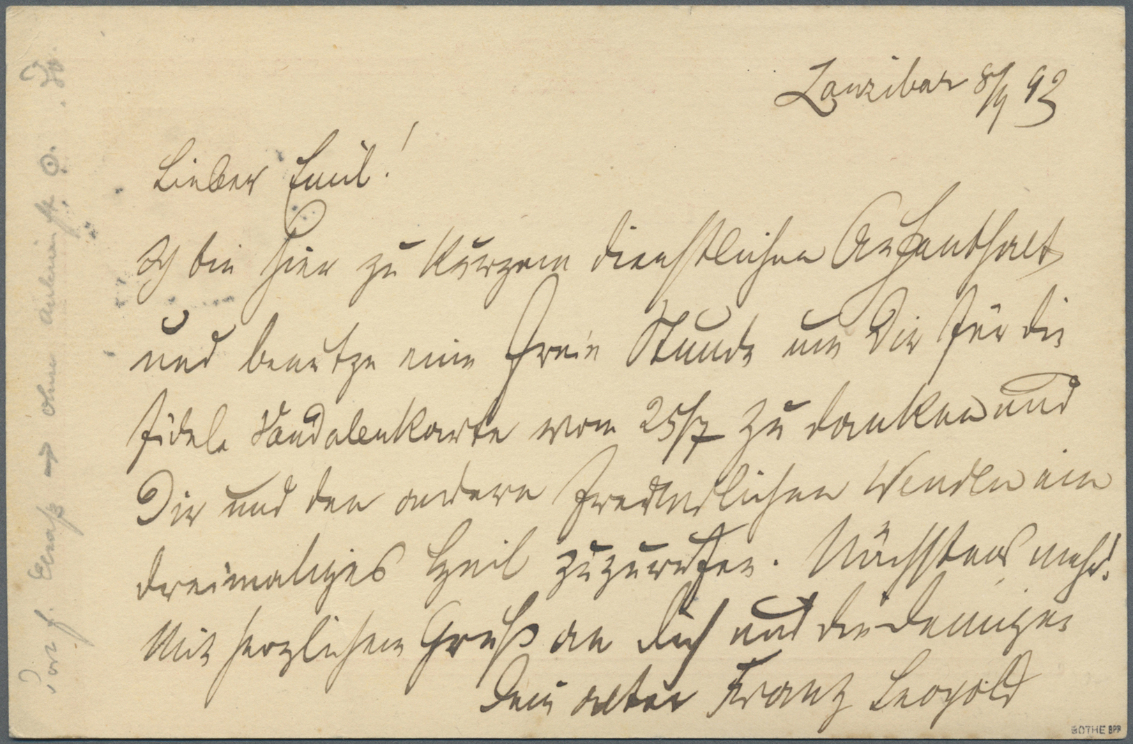 GA Deutsch-Ostafrika - Vorläufer: Zanzibar: 1892: "Zanzibar 8.9.92" Hds Absenderangabe Auf Vorläufer GS - Duits-Oost-Afrika