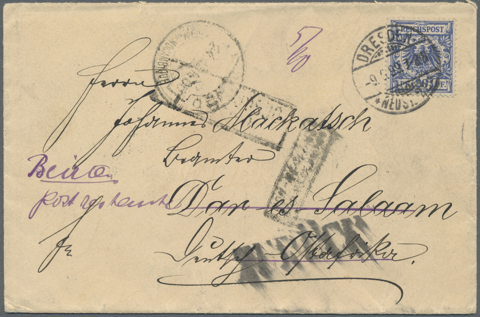 Br Deutsch-Ostafrika: 09.09.1899: DR 20Pf Auf Brief Aus DRESDEN An Einen Beamten In Daressalam, Weiterg - Duits-Oost-Afrika