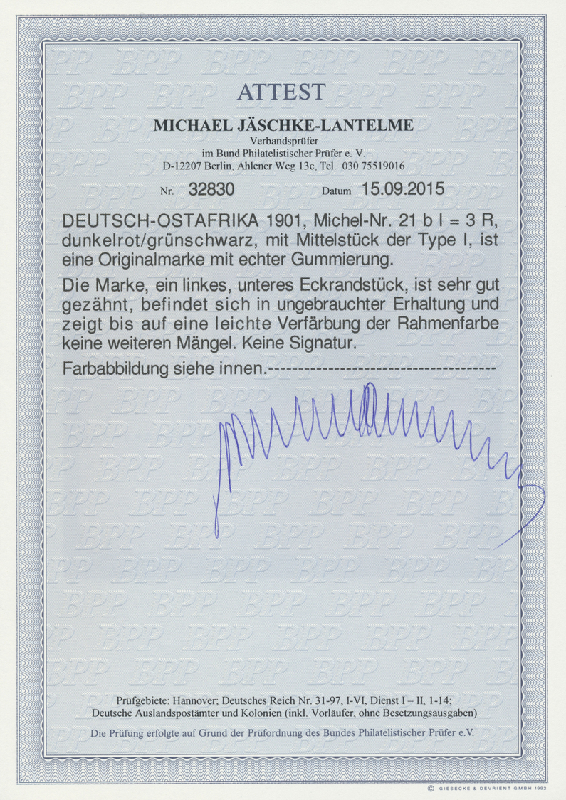 * Deutsch-Ostafrika: 1901, 3 R. Kaiseryacht, Mit Mittelstück Der Type I, Dunkelrot, Grünschwarz, Sehr - Afrique Orientale