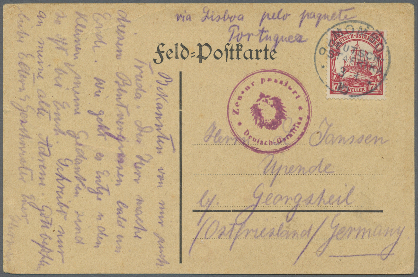 Br Deutsch-Ostafrika: 1915, 7 1/2 H Yacht Auf Feldpostkarte Ab MOMBO Am 3.3.15 Mit Rotem Zensurstempel - Afrique Orientale